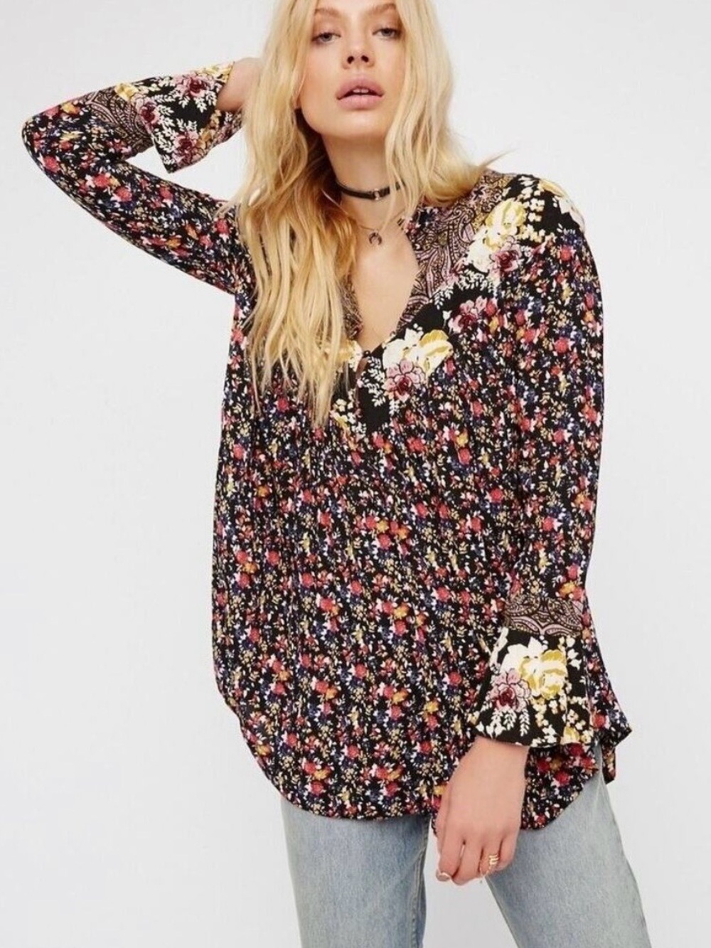 Free People Wildflower Fields Henley Tunic Boho Blouse Size Large